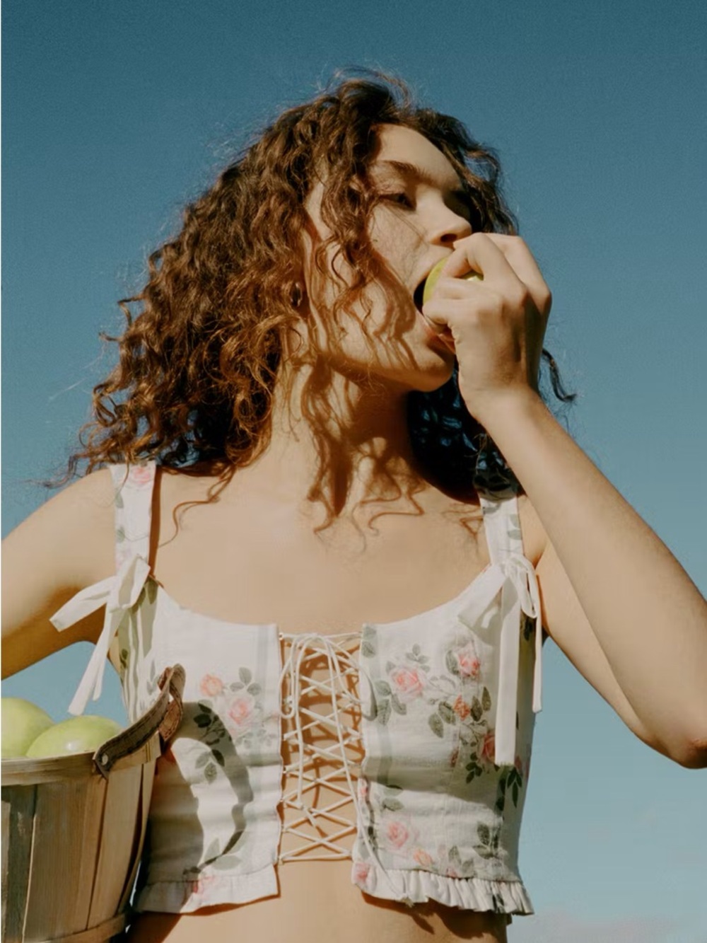 For Love & Lemons Cream Floral Lace-Up Tie-Shoulder Crop Top